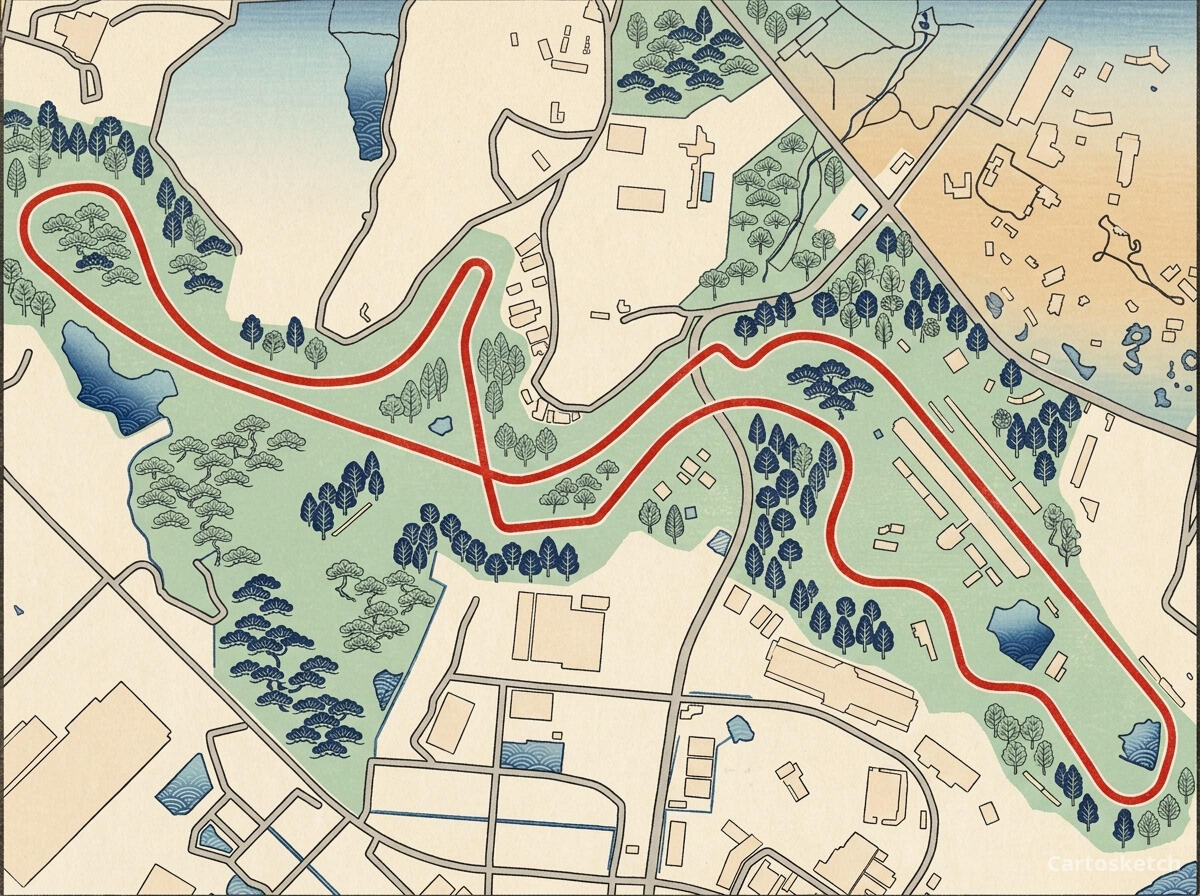 Circuito de Suzuka em estilo Ukiyo-e