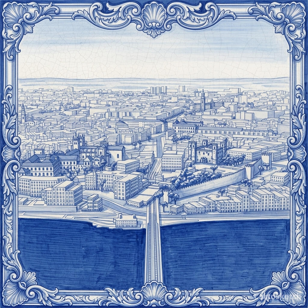 Portos Ribeira und der Douro im Azulejo-Stil — Cartosketch art