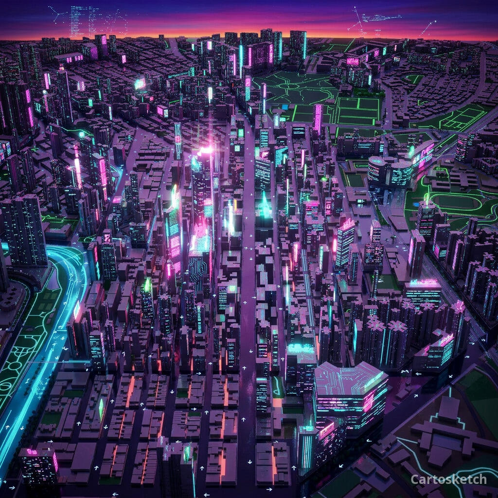 Mong Kok, Hong Kong, renderizada no estilo Cyberpunk pela IA do Cartosketch