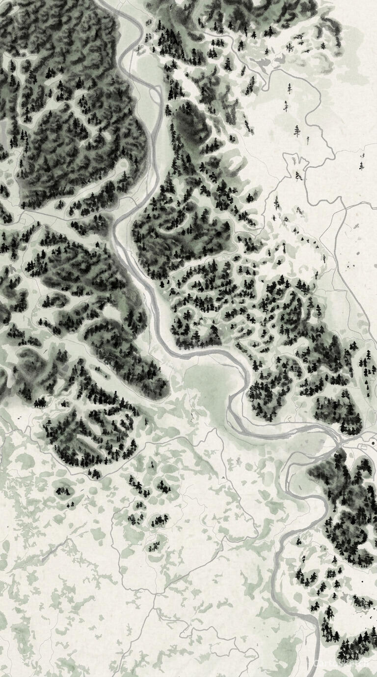 Guilin e o rio Li, China, em estilo nanquim — Cartosketch art