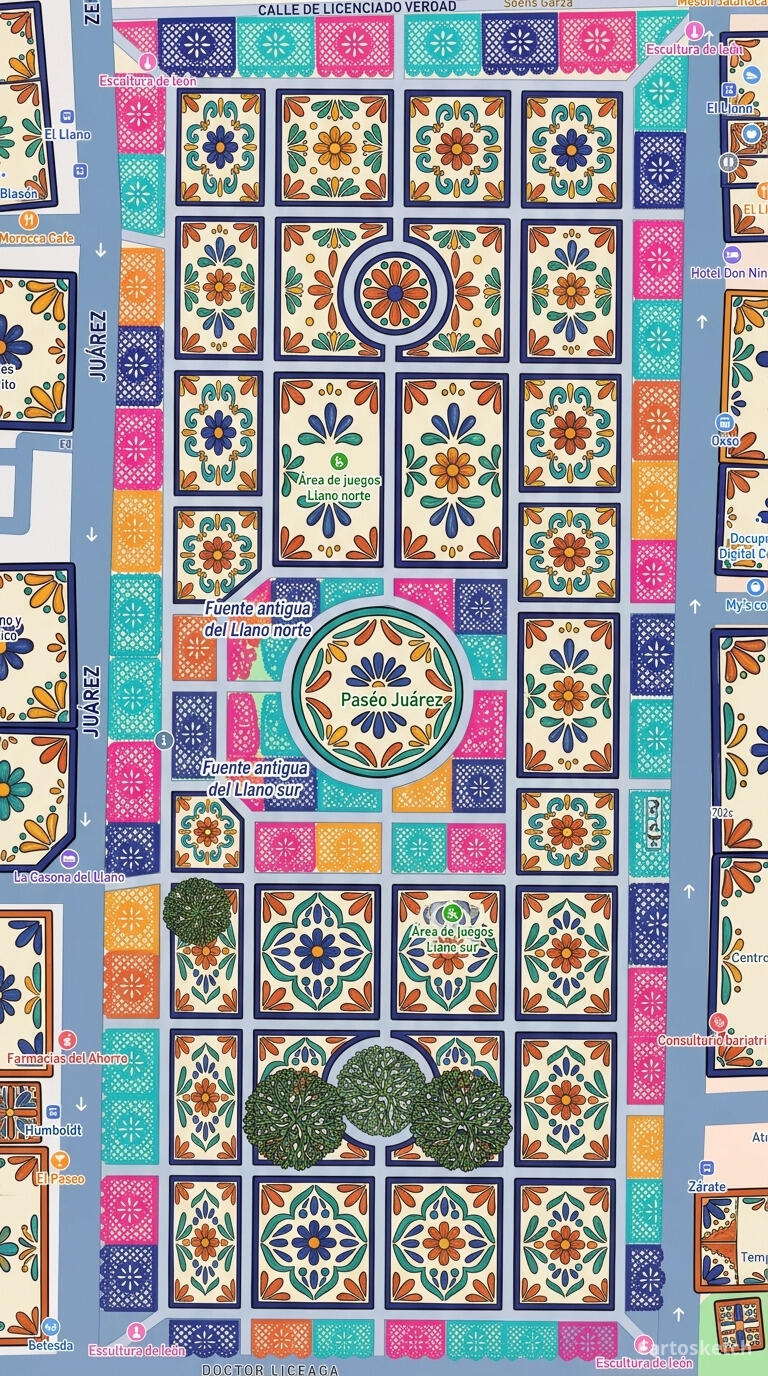 Paseo Juárez El Llano, Oaxaca, en style art populaire mexicain — Cartosketch art