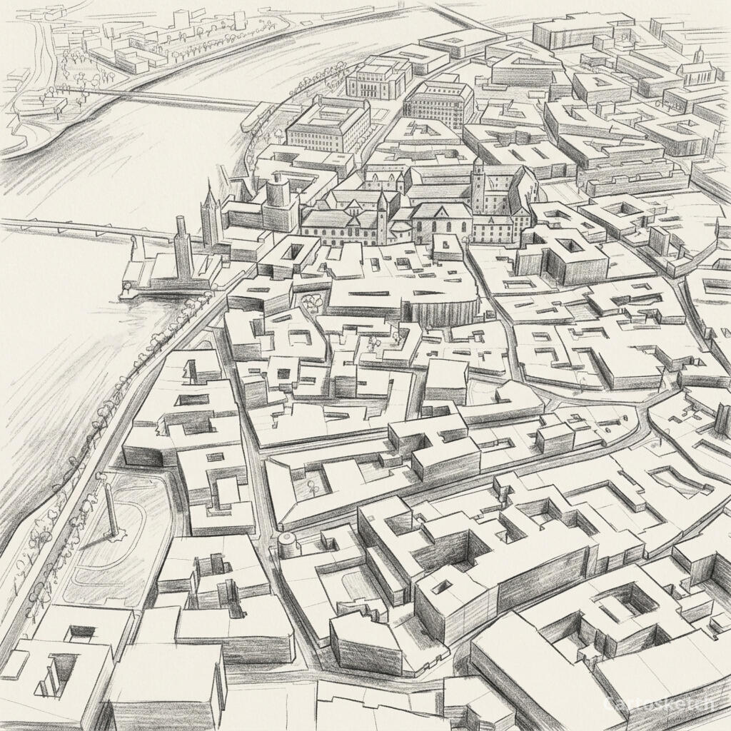 Prague Old Town and the Vltava in pencil-sketch style — Cartosketch art