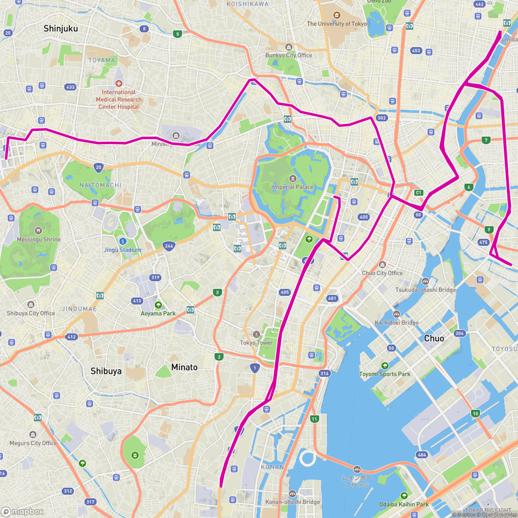 도쿄 마라톤 경로 — route map input