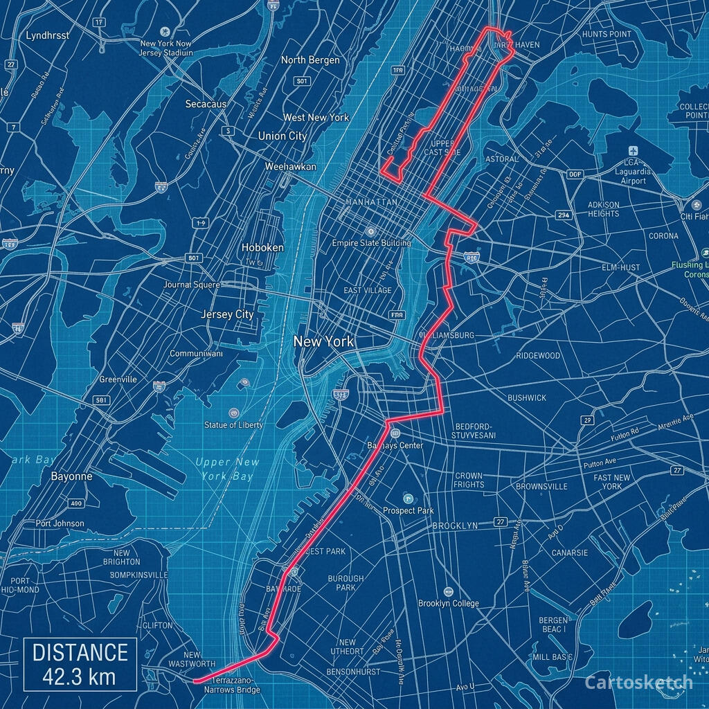 TCS NYC Marathon rendered in Blueprint style