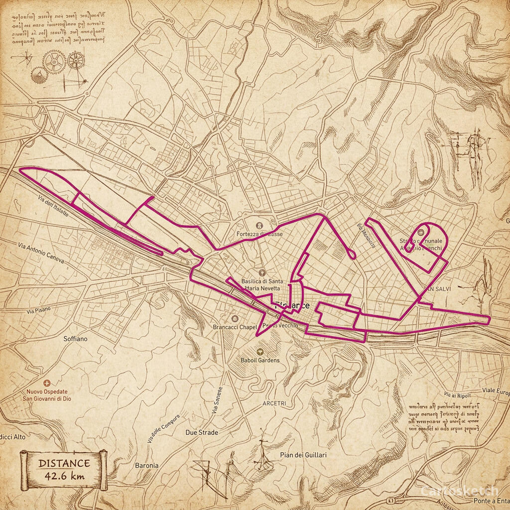 Itinéraire GPX du Marathon de Florence rendu dans le style Da Vinci avec une carte de statistiques personnalisée