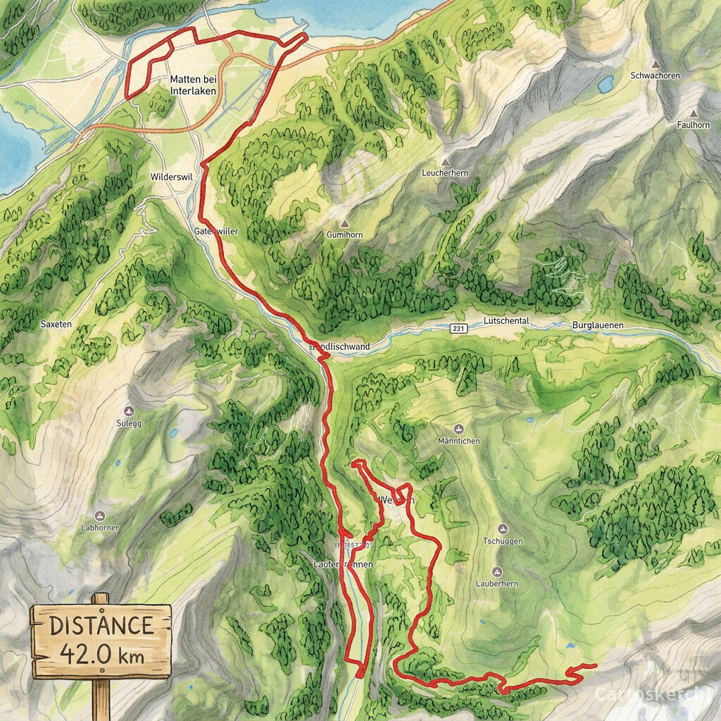 Itinéraire GPX du marathon de la Jungfrau rendu dans le style Ghibli avec une carte de statistiques personnalisée