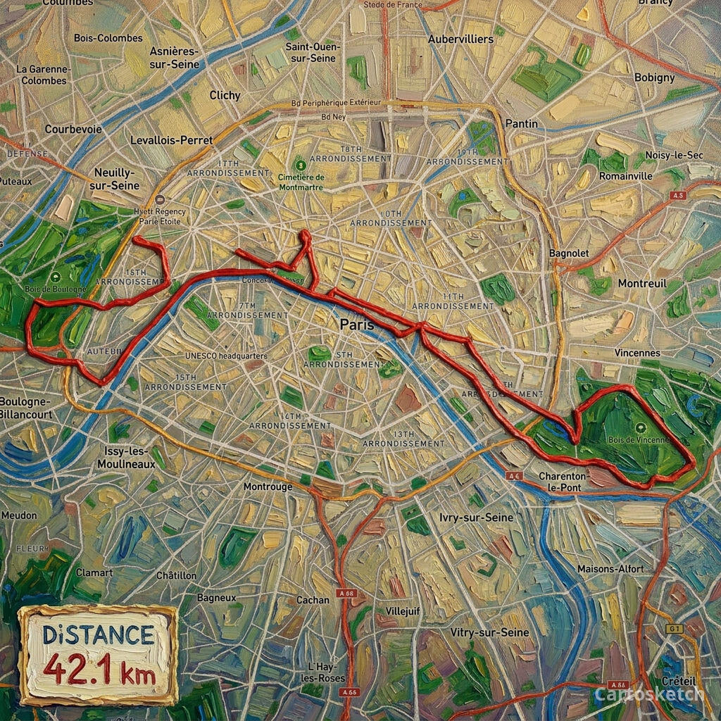 Paris Marathon rendered in Oil Painting style