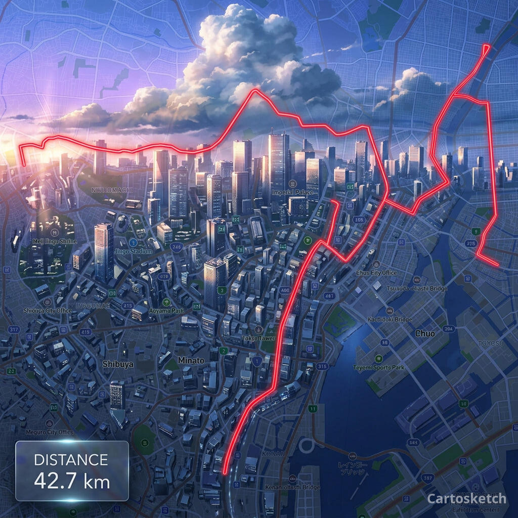 Itinéraire GPX du marathon de Tokyo rendu dans le style Shinkai avec une carte de statistiques personnalisée