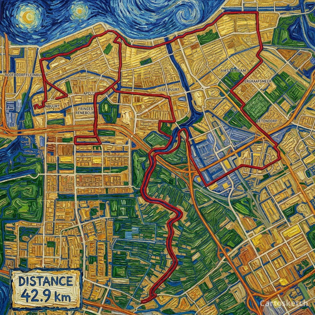 Itinéraire GPX du Marathon d'Amsterdam rendu dans le style Van Gogh avec une carte de statistiques personnalisée
