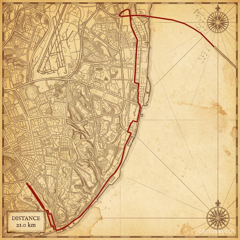 Lisbon Half Marathon rendered in Vintage Map style