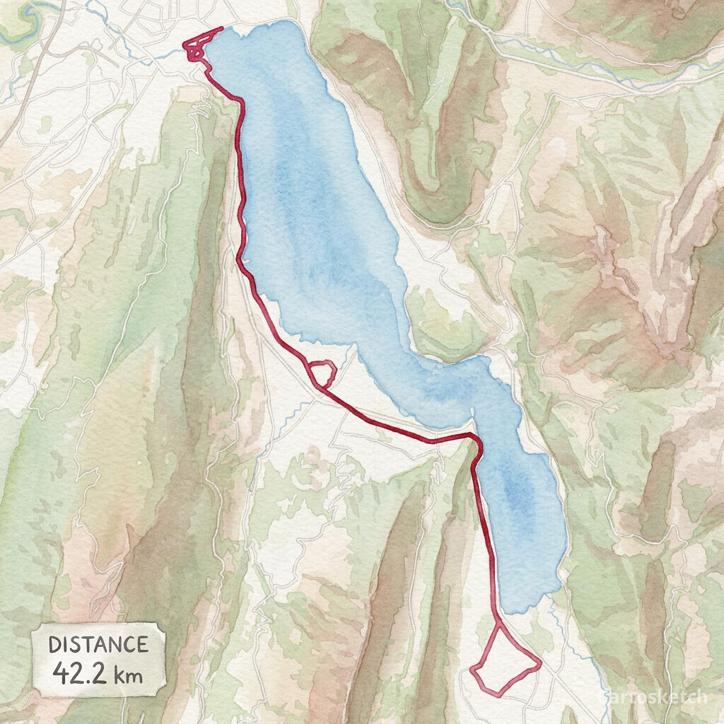 Lake Annecy Marathon rendered in Watercolor style