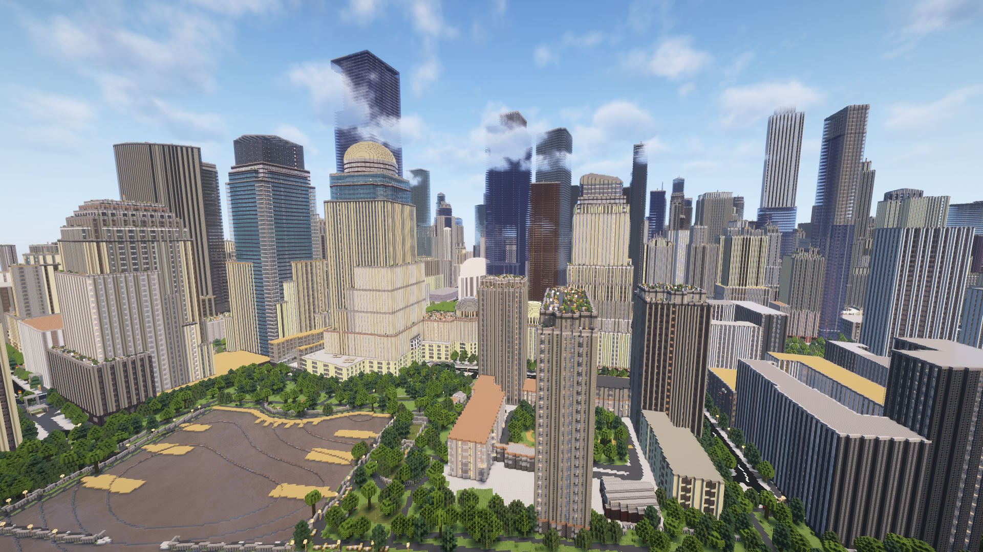New York City skyline rebuilt block by block in a generated Minecraft world